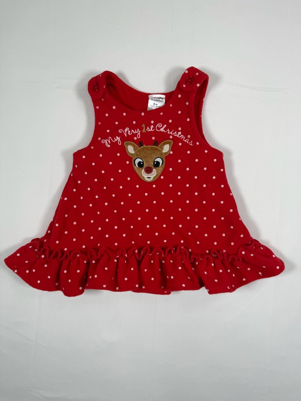 RUDOLPH THE RED NOSED REINDEER Baby 6M Fleece Christmas Peplum Top Polka Dot